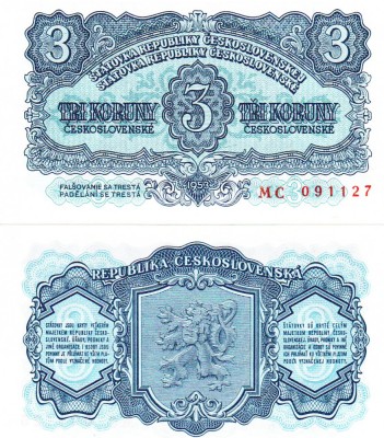 Cehoslovacia 3 Korun 1953 P-79b UNC foto