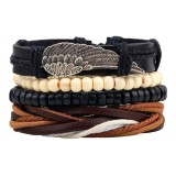 Cumpara ieftin Set 4 bratari cu multiple straturi JustZEN pentru barbati din piele naturala negra/ maro punk-rock