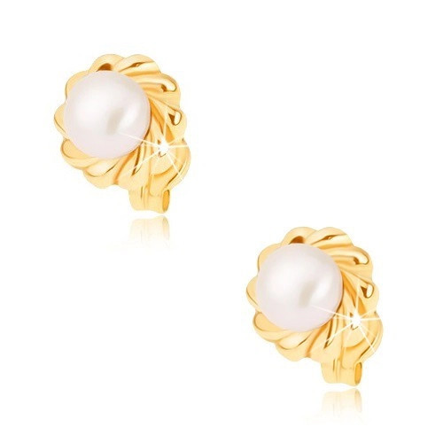Cercei din aur 375 - floare strălucitoare multi petale cu perlă albă