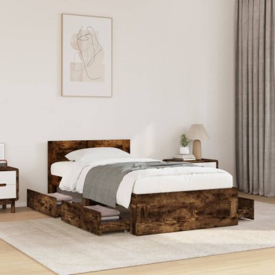 vidaXL Cadru de pat cu tăblie stejar fumuriu 100x200 cm lemn prelucrat 3295580 foto