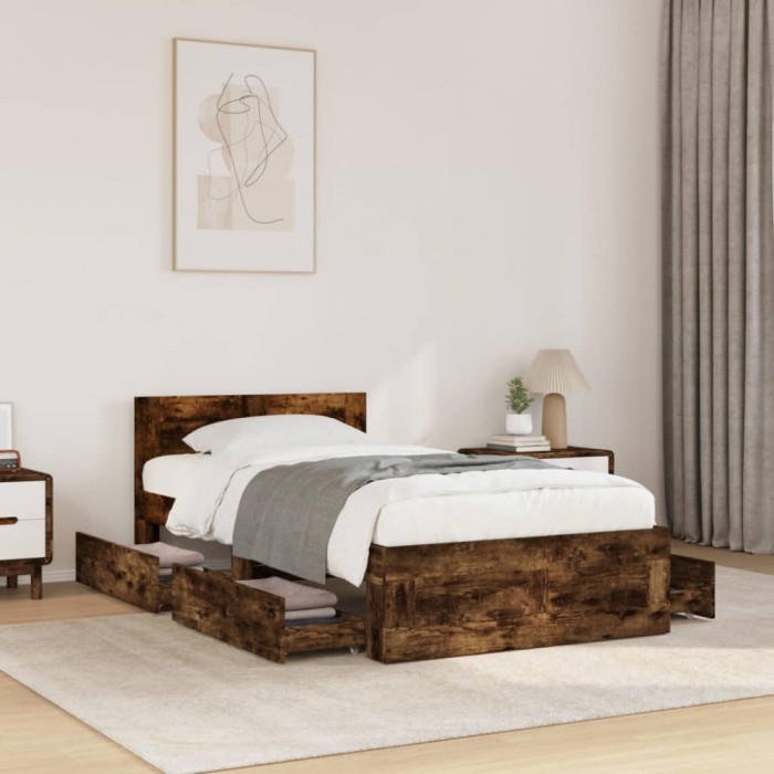 vidaXL Cadru de pat cu tăblie stejar fumuriu 100x200 cm lemn prelucrat 3295580