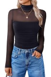 Tricouri sexy pentru femei, elegante, din mesh, cu m&acirc;neci lungi, guler &icirc;nalt, dantelă, pentru petreceri și cluburi