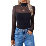 Tricouri sexy pentru femei, elegante, din mesh, cu m&acirc;neci lungi, guler &icirc;nalt, dantelă, pentru petreceri și cluburi