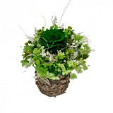 Aranjament floral mic cu licheni, trandafir si plante naturale criogenate si stabilizate in scoarta mesteacan