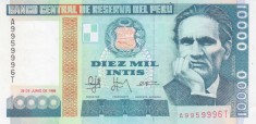 Bancnota Peru 10.000 Intis 1988 - P140 UNC