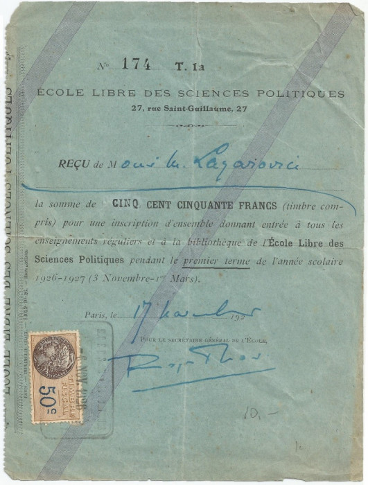 Franta, Scoala de stiinte politice, Paris, chitanta pentru 550 de franci, 1926