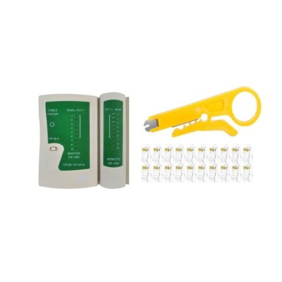 Set cablu retea, tester LAN, cutit dezizolator si 100 mufe transparente foto