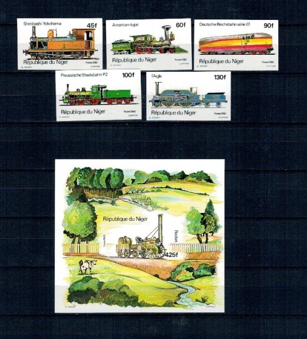 Niger 1980 - Locomotive, trenuri, cai ferate, serie si colita nedantelata