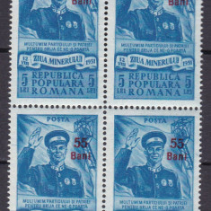 ROMANIA 1952 LP 313 ZIUA MINERULUI SUPRATIPAR BLOC DE 4 TIMBRE MNH