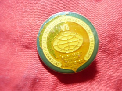 Insigna Romania 1981 - Simpozion Agricol - tema : caisul , metal si email , d=2, foto