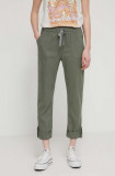 Roxy pantaloni din in lniane On the Seashore femei, culoarea verde, drept, high waist ERJNP03294