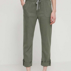 Roxy pantaloni din in lniane On the Seashore femei, culoarea verde, drept, high waist ERJNP03294