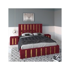 Pat Tapitat Mexic Rosu + Saltea 20cm Grosime + Noptiere Tapitate 160x200cm