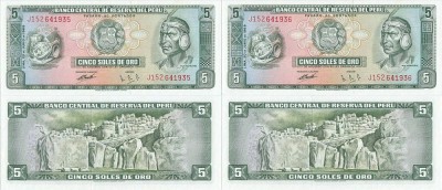 2 x 1969 ( 20 VI ) , 5 soles de oro ( P-99a ) - Peru - stare UNC foto