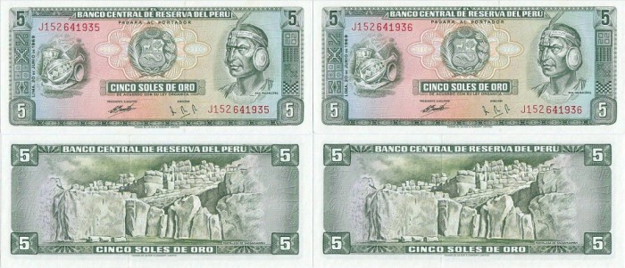 2 x 1969 ( 20 VI ) , 5 soles de oro ( P-99a ) - Peru - stare UNC