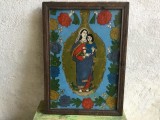 colectie / arta / religie - Icoana veche pictata pe sticla Maica Domnului cu Pruncul Iisus arta naiva taraneasca in rama din lemn / Transilvania !