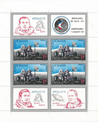 Romania, LP 772a/1971, Apollo 15, bloc dantelat, MNH foto