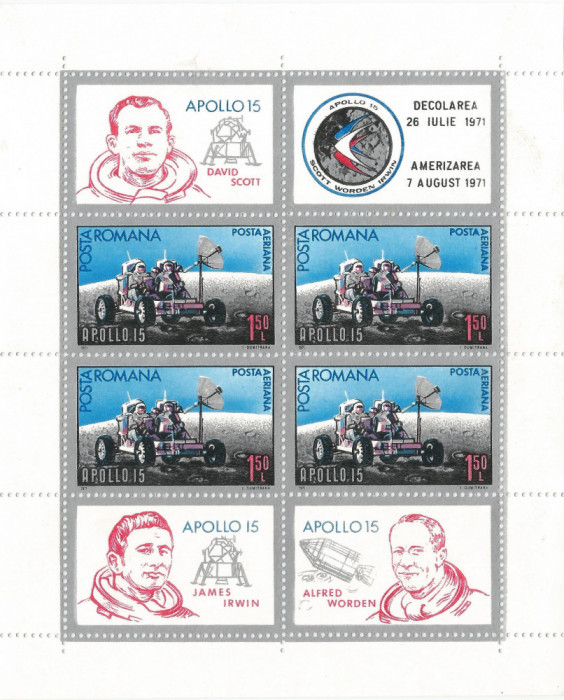 Romania, LP 772a/1971, Apollo 15, bloc dantelat, MNH