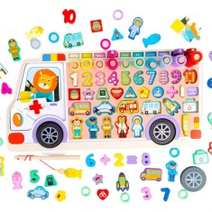 Placa logaritmica multifunctionala Montessori cu figurine, masinute, forme geometrice, joc de pescuit si