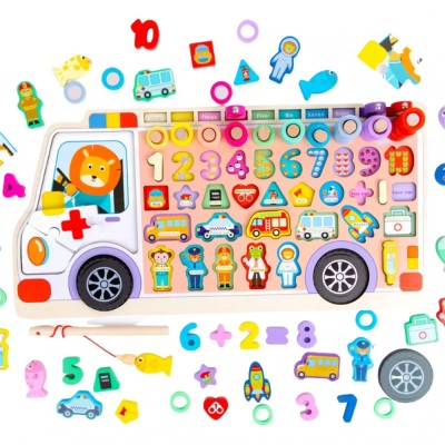 Placa logaritmica multifunctionala Montessori cu figurine, masinute, forme geometrice, joc de pescuit si foto