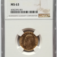Moneda AUR 20 lei 1890, Carol I, certificata NGC cu gradul MS63