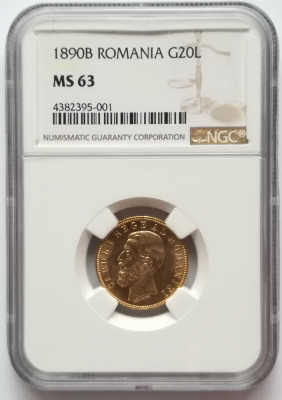 Moneda AUR 20 lei 1890, Carol I, certificata NGC cu gradul MS63 foto