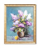 Cumpara ieftin Tablou cu liliac pictat manual inramat, Puritate, 55x45cm ulei pe panza, rama din lemn, Geo Ungureanu