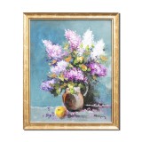 Tablou cu liliac pictat manual inramat, Puritate, 55x45cm ulei pe panza, rama din lemn, Geo Ungureanu