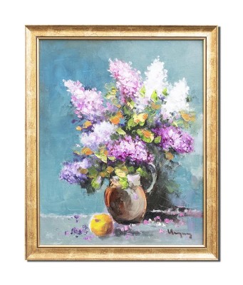 Tablou cu liliac pictat manual inramat, Puritate, 55x45cm ulei pe panza, rama din lemn, Geo Ungureanu foto