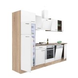 Mobilă de bucătărie Yorki 280, corp din stejar sonoma, față alb satinat, element cuptor inferior, frigider congelator superior
