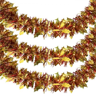 Ghirlandă Decorativă Crăciun, Tinsel, Lungime 3m, Lățime 8cm, Culoare Roșu Auriu, Material Plastic foto