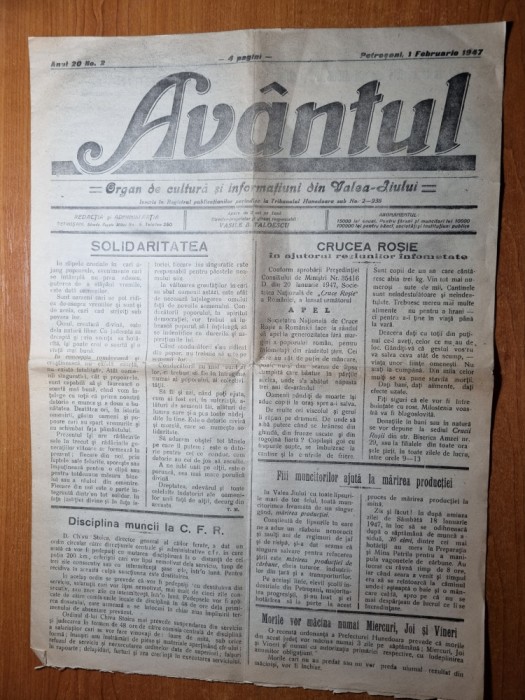 ziarul avantul 1 februarie 1947-disciplina muncii la CFR,art. petrosani