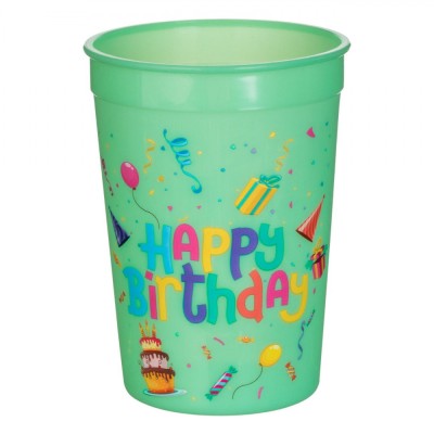 Pahar Plastic Reutilizabil, Model Happy Birthday, Culoare Verde Mentă, Capacitate 300ml foto