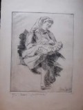 Elvira Micos &quot;Mama&quot;,gravura/hartie,35x26cm,pp/sticla/rama 52,5x37cm, Scene gen, Carbune, Realism