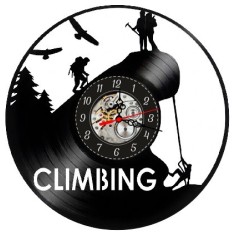 Ceas de perete din disc vinil, Tematică Alpinism / Climbing, Design Retro cu Munți și Escaladă, Negru, 30 cm