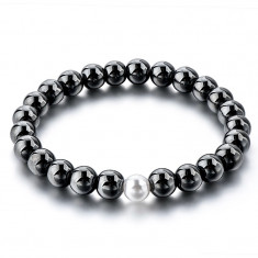 Bratara dama DarGen Hematite Pearl, Alb/Negru, 19 cm foto