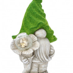 Decoratiune luminoasa de gradina cu incarcare solara LED Flower Gnome, Bizzotto, 28x20x46 cm, magneziu, verde