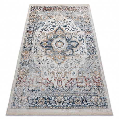 DISTIN 0834A covor modern bleumarin / albastru / galben / teracota - Ornament, vintage, franjuri, 140x190 cm