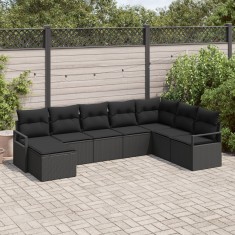 Set de 8 Piese Canapea de Gradina cu Perne Ratan Polimer Negru, Canapea de Gradina cu 2 Locuri cu Spa?iu de Depozitare ?i Perne Ratan Polimer Negru foto