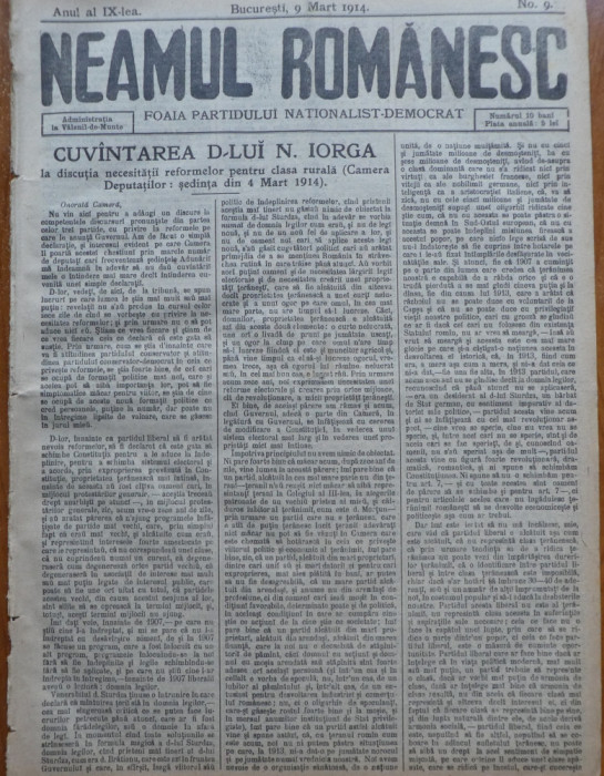 Ziarul Neamul romanesc , nr. 9 , 1914 , din perioada antisemita a lui N. Iorga