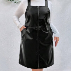 Rochie mini cu fermoar, buzunare si bretele groase, negru