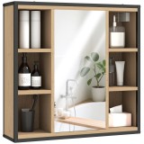HOMCOM Dulap de perete baie cu oglindă, 52 x 24,5 cm cu 6 compartimente deschise și raft reglabil, stejar | Aosom Romania