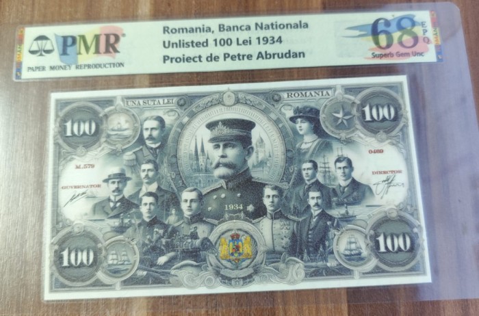 REPRODUCERE pe hartie cu filigran si fire UV proiect bancnota 100 Lei 1934 nr.169