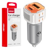 Incarcator auto AMiO USB-A + USB-C 38W, 12-24V DC, alb, cu protectie la supraincalzire, suprasarcina si scurtcircuit, design compact