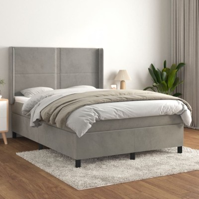 vidaXL Pat box spring cu saltea, gri deschis, 140x200 cm, catifea 3132621 foto