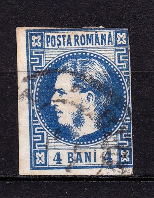 ✅RO 1868 ,LP 23 ,&amp;quot;Carol I cu favoriti&amp;quot;,4 BANI albastru , doua margini reduse , stampilat foto