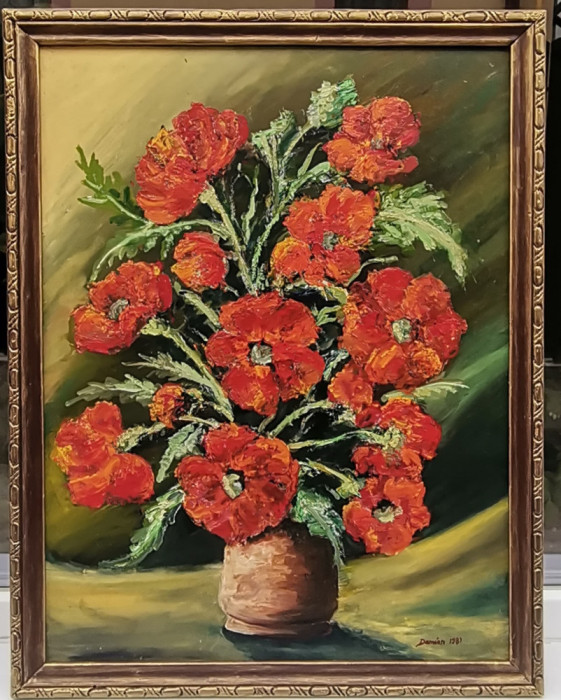 Tablou 1981 Natura statica Vas cu Flori de Mac pictura ulei inramat 52x66cm