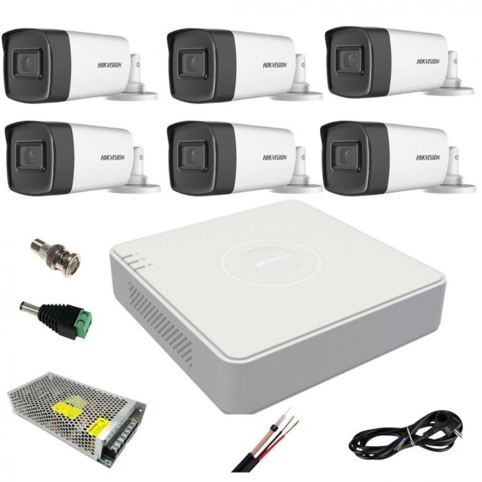 Sistem supraveghere video ultra profesional Hikvision 6 camere exterior 5MP Turbo HD cu IR 80M, DVR 8 canale, full accesorii SafetyGuard Surveillance