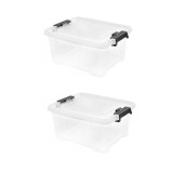 Set 2 cutii de depozitare deptunghiulare cu capac blocabil si manere negre, 12 litri, plastic transparent, 35 cm x 30 cm x 22 cm