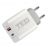 Alimentator Incarcator de la retea la 2x USB: 1x USB-A 3.0 + 1x USB Type-C PD 18W Negru Fast Charge TED600403, Oem